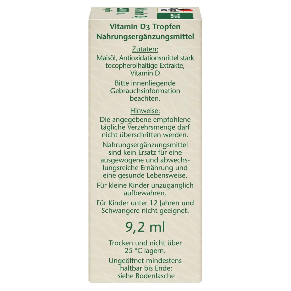Abbildung der Produktverpackung Doppelherz pure Vitamin D3 2000 I.E. Tropfen Seitenansicht rechts